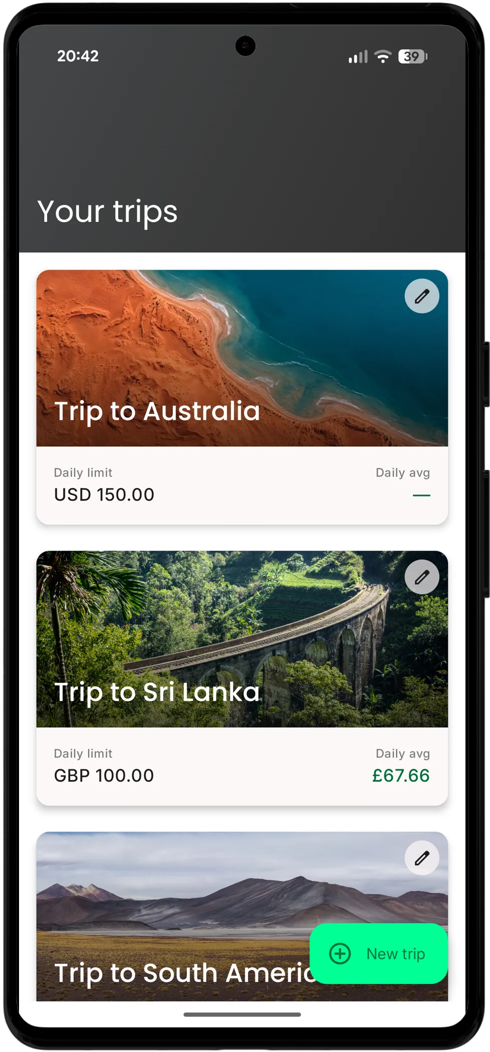 Avocado trips list showing saved trips